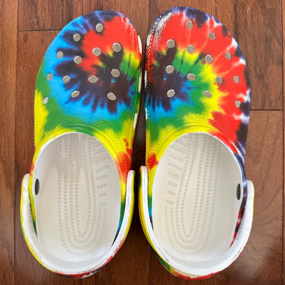 Rainbow Tie dye crocs.